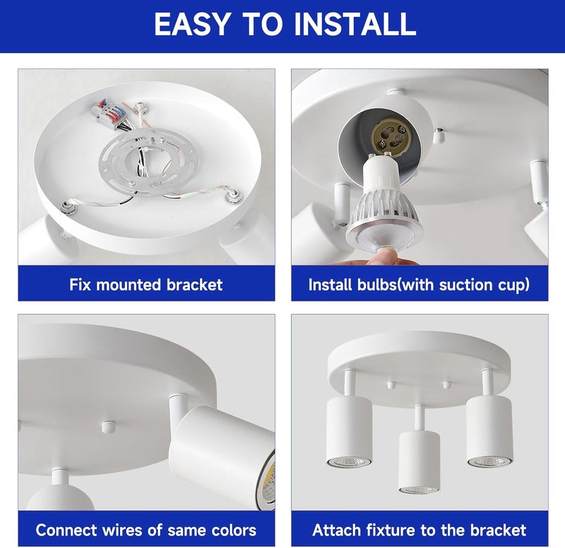 EGM 3 Light Track Lighting, White Round Track Lighting Fixtures, GU10 Flush Mount Directional Ceiling Light for Kitchen, Bedroom, Office, Picture Wall - Image 2